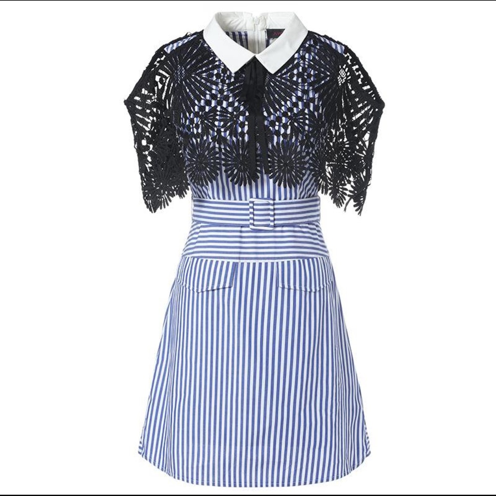 Self Portrait Striped Mini Dress with Lace Cape